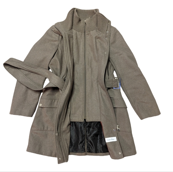 Calvin Klein Oat Beige Wool Blend Belted Zip Up Coat - Women's Size 10 - Picture 7 of 13